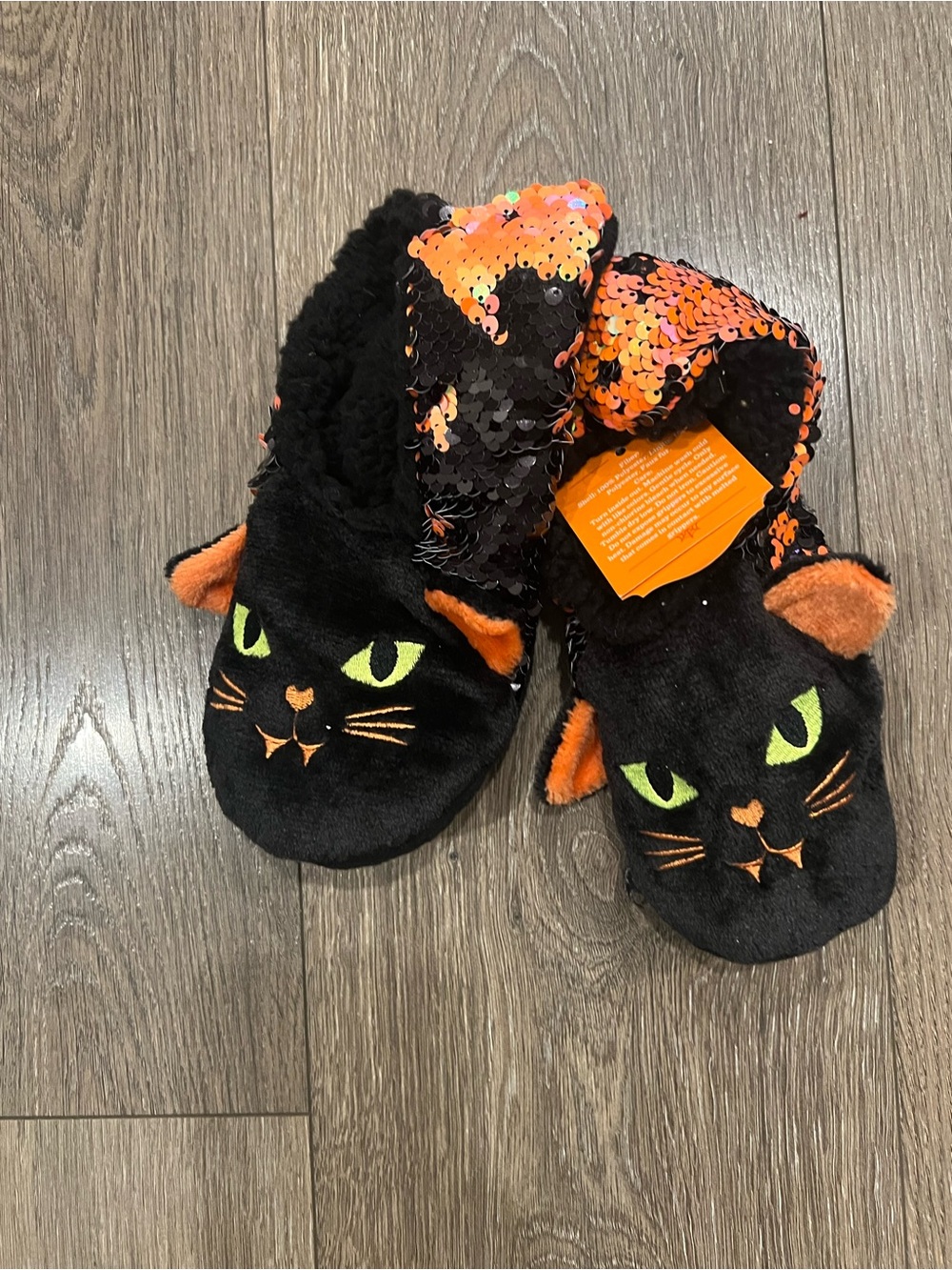 Black & Orange Cat Slipper Socks with Reversible Sequins